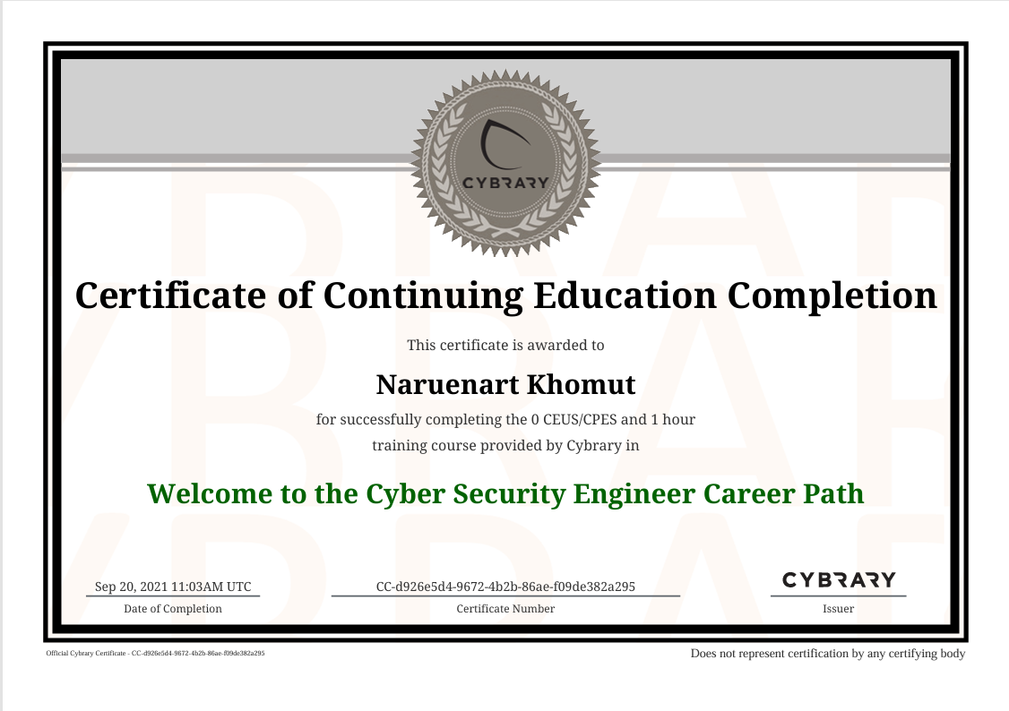 Certificate: Welcome to the Cyber Security Engineer Career Path