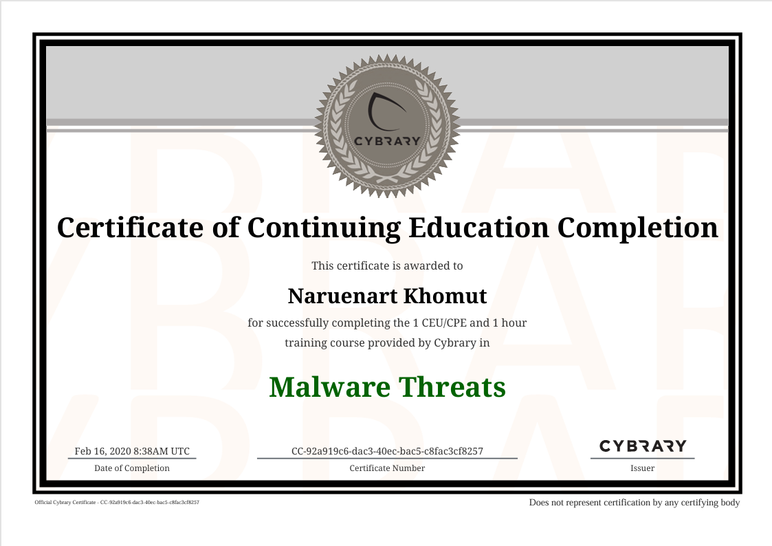 Certificate: Malware Threats